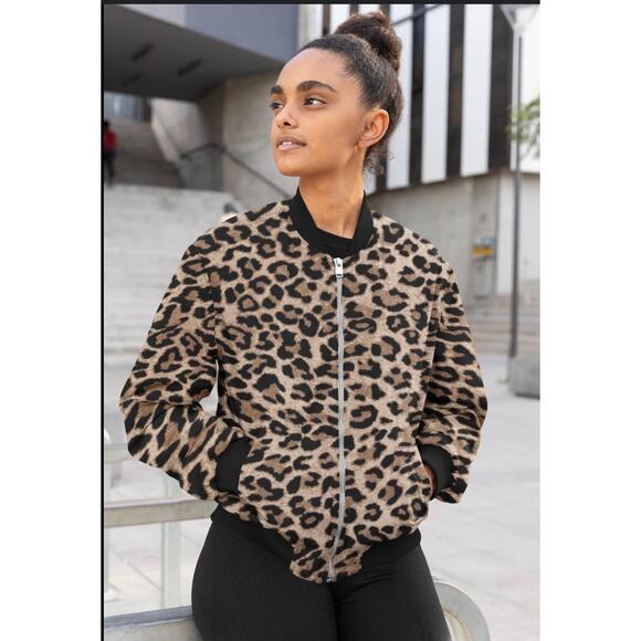 Guess Bomber Jacket Leopard - brown Size S - Picture 1 of 5